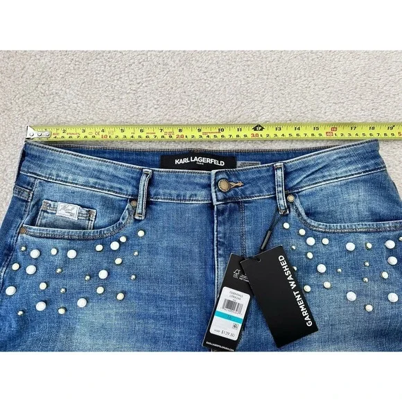 KARL LAGERFELD PARIS High Rise Embellished Skinny Jeans Coastal Blue Wash 16 New